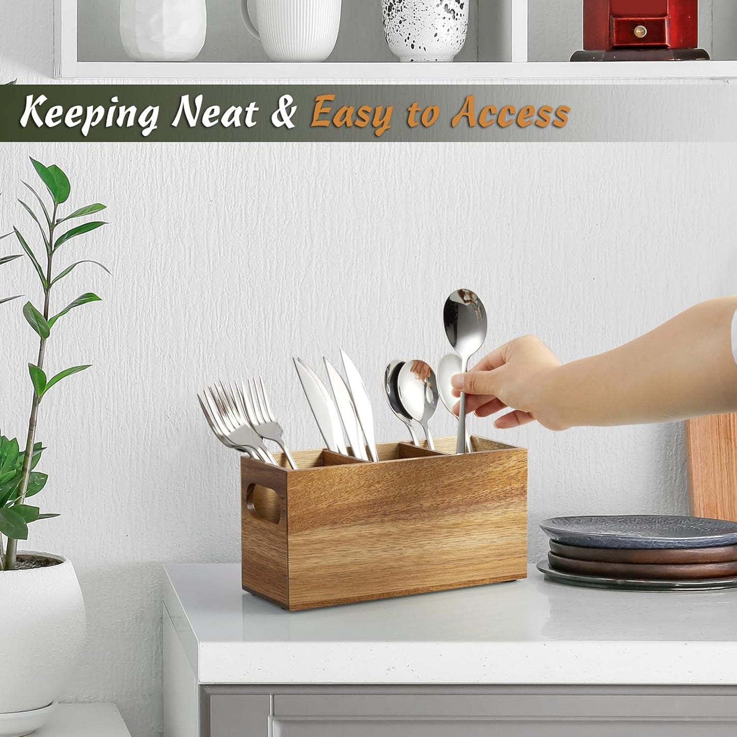 DRASTAR Silverware Holder, Acacia Wooden Utensil Caddy, Silverware Organizer Countertop, Cutlery Holder for Party, Fork Spoon Knife Organizer