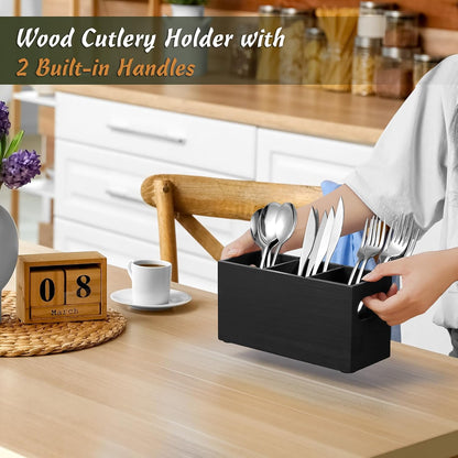 DRASTAR Silverware Holder, Acacia Wooden Utensil Caddy, Silverware Organizer Countertop, Cutlery Holder for Party, Fork Spoon Knife Organizer