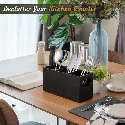 DRASTAR Silverware Holder, Acacia Wooden Utensil Caddy, Silverware Organizer Countertop, Cutlery Holder for Party, Fork Spoon Knife Organizer