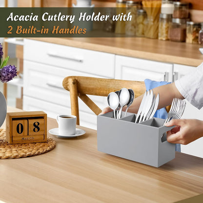 DRASTAR Silverware Holder, Acacia Wooden Utensil Caddy, Silverware Organizer Countertop, Cutlery Holder for Party, Fork Spoon Knife Organizer