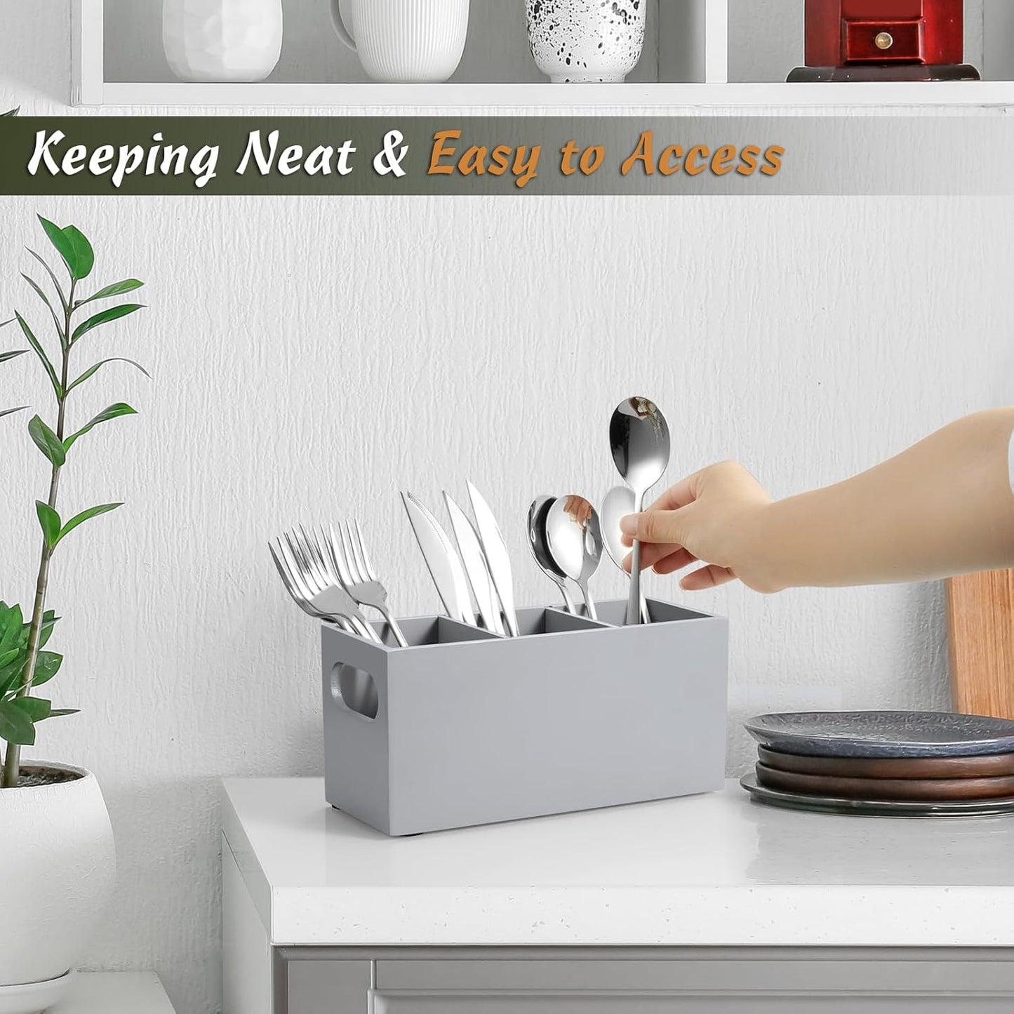 DRASTAR Silverware Holder, Acacia Wooden Utensil Caddy, Silverware Organizer Countertop, Cutlery Holder for Party, Fork Spoon Knife Organizer