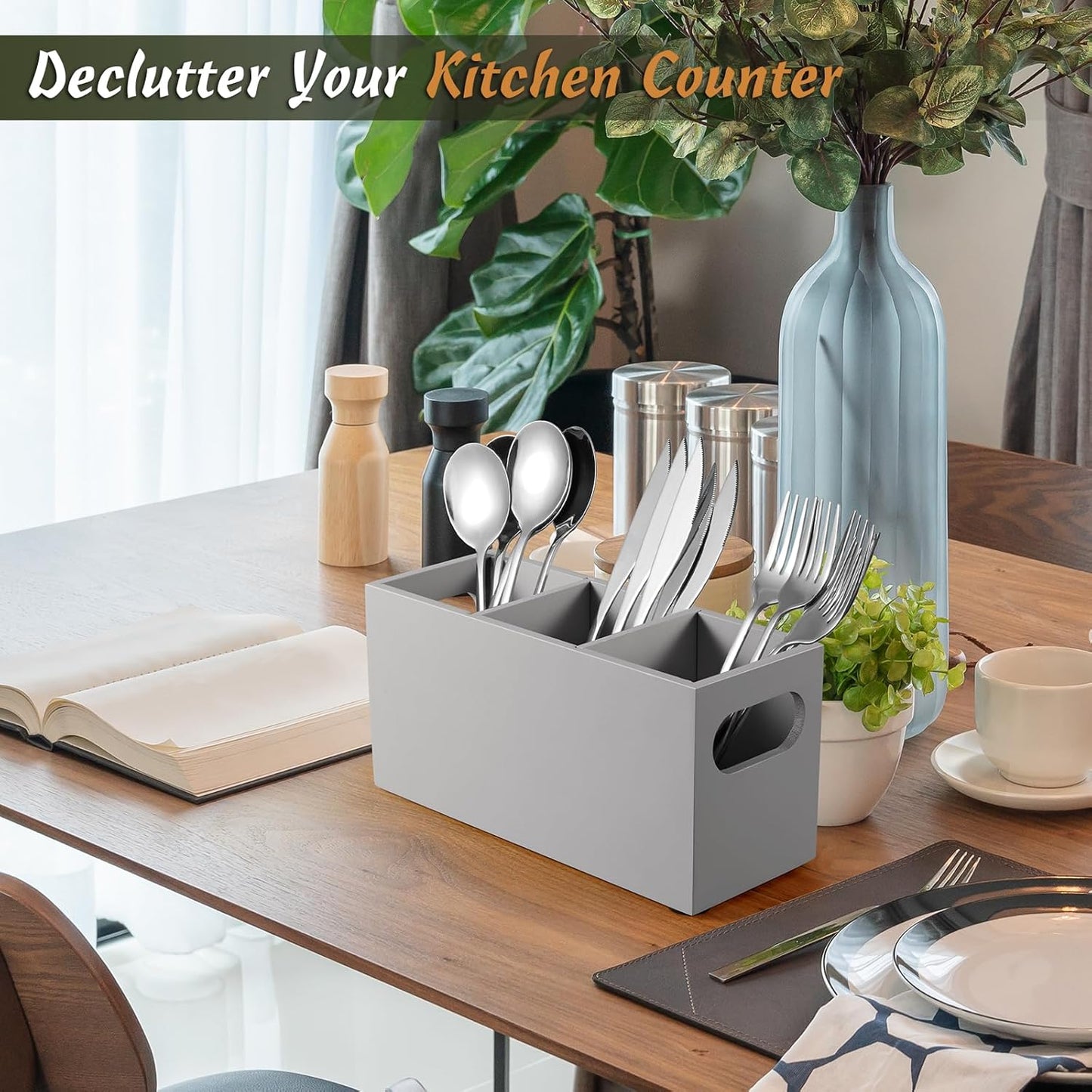 DRASTAR Silverware Holder, Acacia Wooden Utensil Caddy, Silverware Organizer Countertop, Cutlery Holder for Party, Fork Spoon Knife Organizer