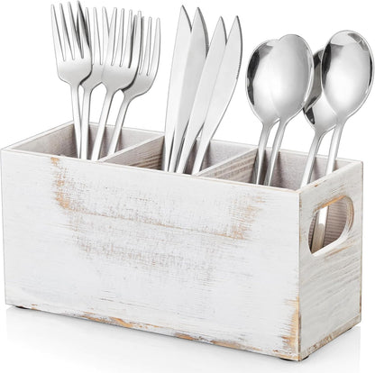 DRASTAR Silverware Holder, Acacia Wooden Utensil Caddy, Silverware Organizer Countertop, Cutlery Holder for Party, Fork Spoon Knife Organizer