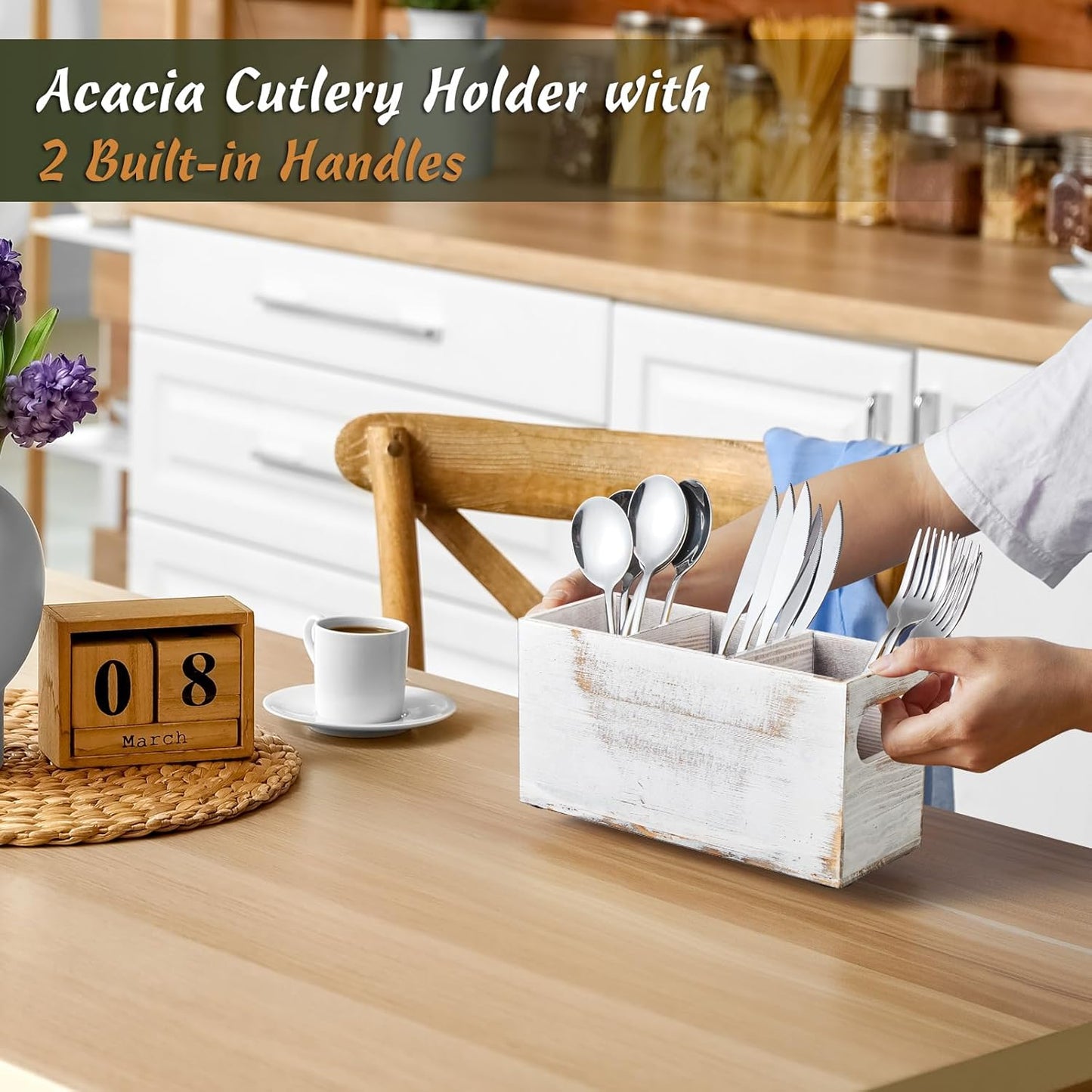 DRASTAR Silverware Holder, Acacia Wooden Utensil Caddy, Silverware Organizer Countertop, Cutlery Holder for Party, Fork Spoon Knife Organizer