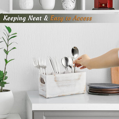 DRASTAR Silverware Holder, Acacia Wooden Utensil Caddy, Silverware Organizer Countertop, Cutlery Holder for Party, Fork Spoon Knife Organizer