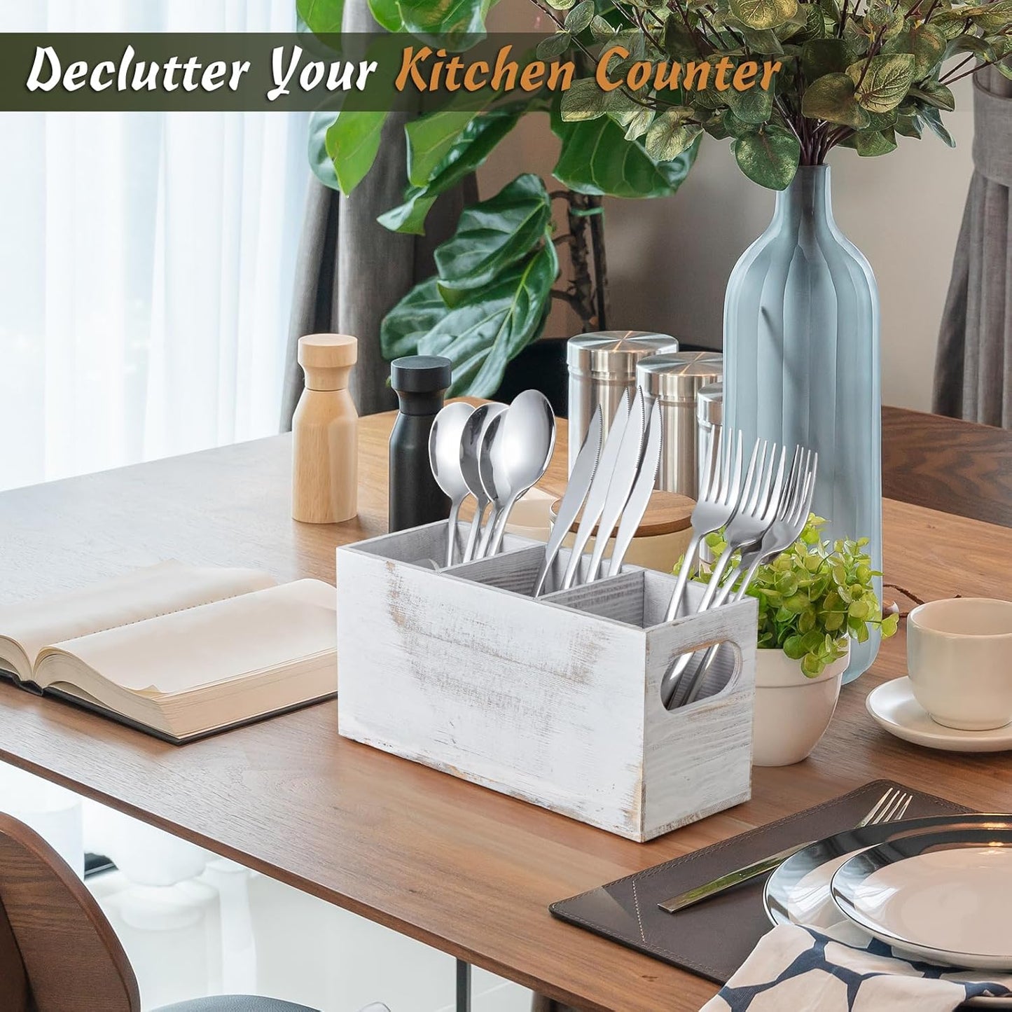 DRASTAR Silverware Holder, Acacia Wooden Utensil Caddy, Silverware Organizer Countertop, Cutlery Holder for Party, Fork Spoon Knife Organizer