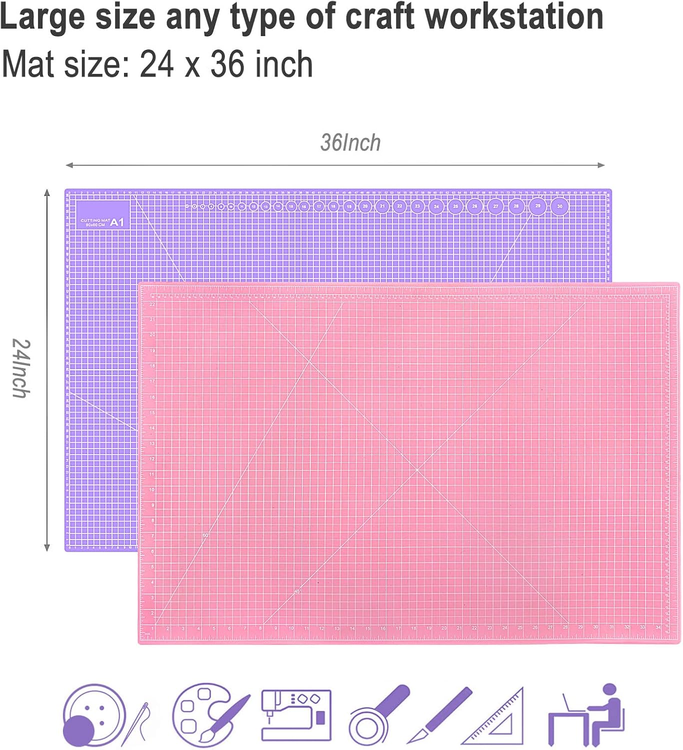 24" x 36" Self Healing Cutting Mat: Double Sided Sewing Cutting Mat Craft Supplies A1 Size for Quilting, Crafts Arts, and Fabric Purple & Pink Design (Pink & Purple)