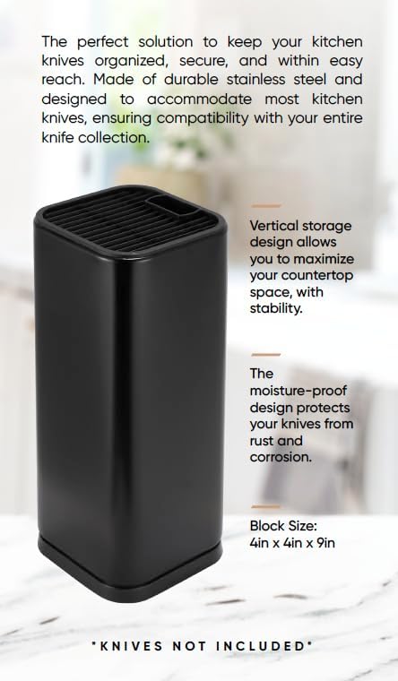 Universal Knife Block Holder, Stainless Steel Knife Stand Without Knives, Safe Space Saver Stable Knife Storage with Scissors Slot, Detachable for Easy Cleaning, Kitchen Organizer, Black
