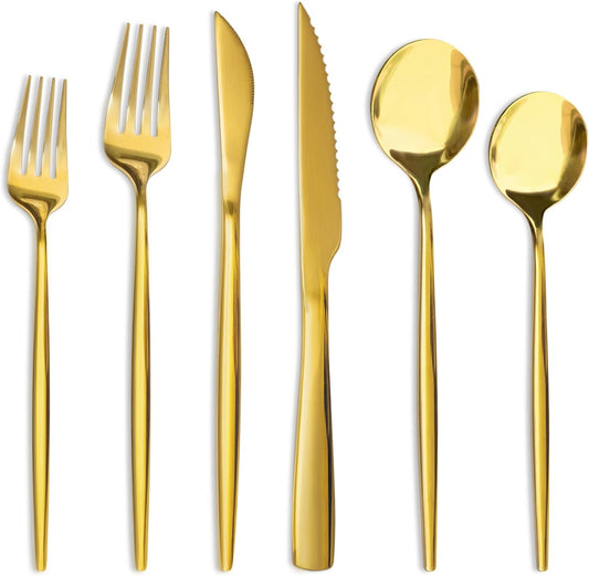 Silverware Set 48-Piece Gold Flatware Set with Steak Knives Food-Grade Stainless Steel Cutlery Set for 8 Mirror Polished Utensils Set for Home Kitchen Restaurant