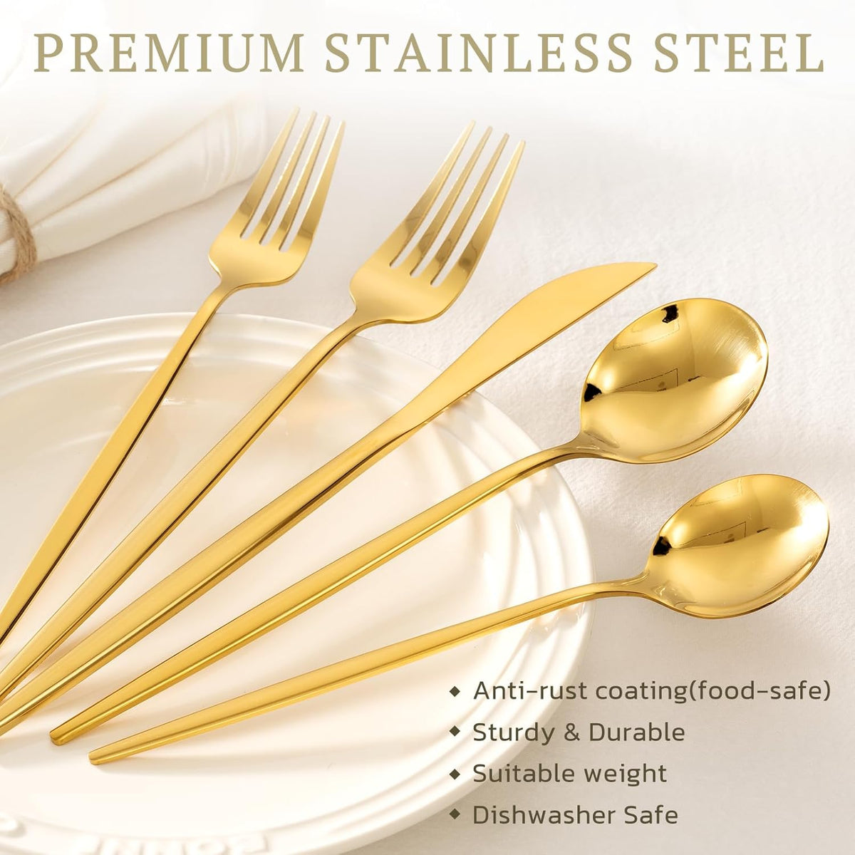 Silverware Set 48-Piece Gold Flatware Set with Steak Knives Food-Grade Stainless Steel Cutlery Set for 8 Mirror Polished Utensils Set for Home Kitchen Restaurant
