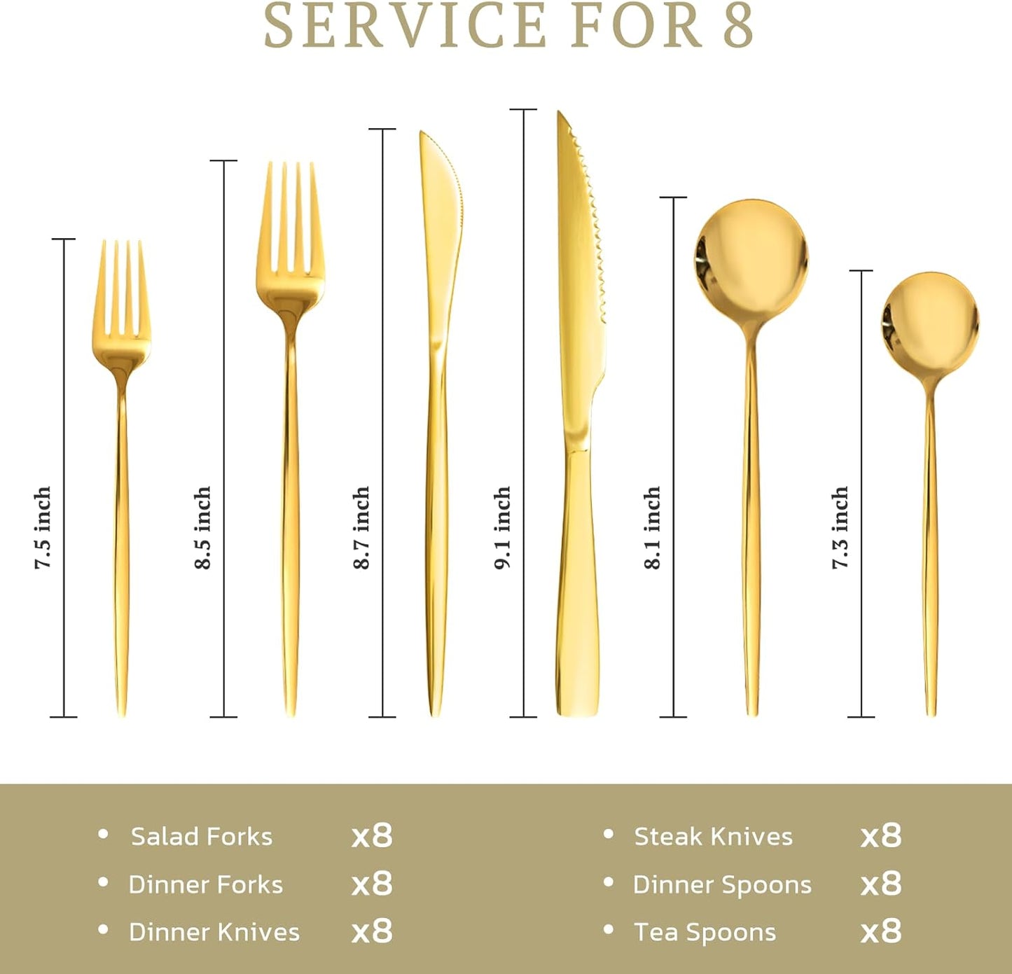 Silverware Set 48-Piece Gold Flatware Set with Steak Knives Food-Grade Stainless Steel Cutlery Set for 8 Mirror Polished Utensils Set for Home Kitchen Restaurant