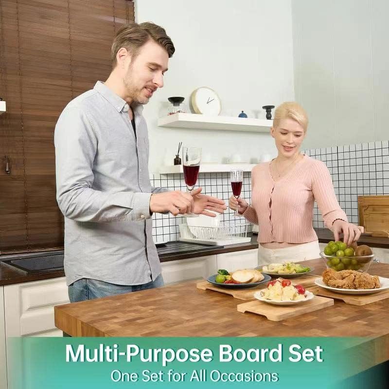 Bamboo Cutting Boards for Kitchen, Wood Cutting Board with Holder, Bamboo Cutting Board Set Reversible with Juice Grooves for Meat Cheese Fruit and Vegetables (Four Piece Set)