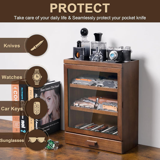 Pocket Knife Display Case for 25 Knives, Large Wooden knife Cases for Collections, Vertical Knife Storage Case with Acrylic transparent panel for Men Gifts (Walnut)