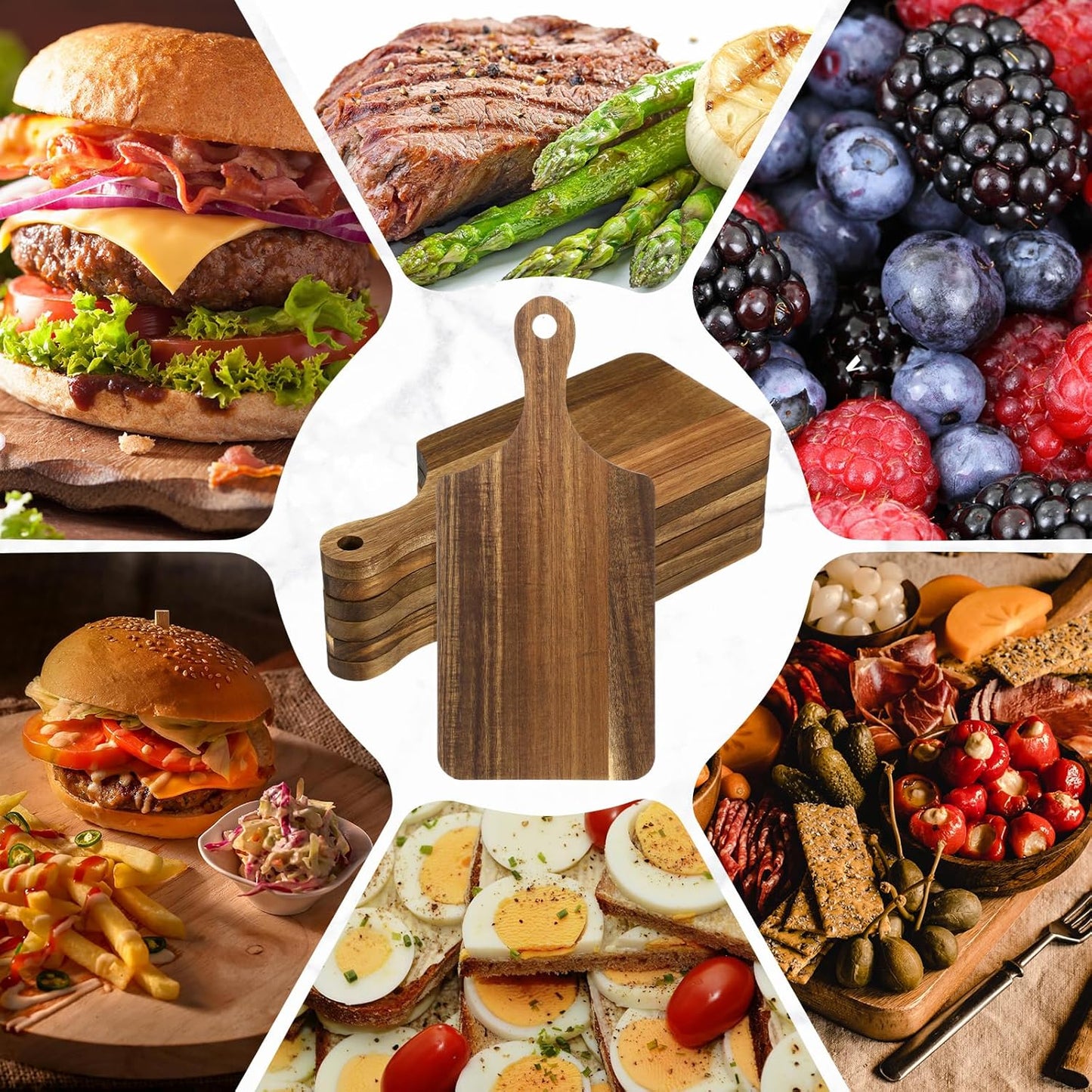 6 Pcs Cutting Board Bulk Kitchen Thicken Chopping Platter with Handles Wooden Charcuterie Serving Trays Blank Wood Boards for Engraving Wedding Housewarming(Acacia Wood,11 x 5 Inch)