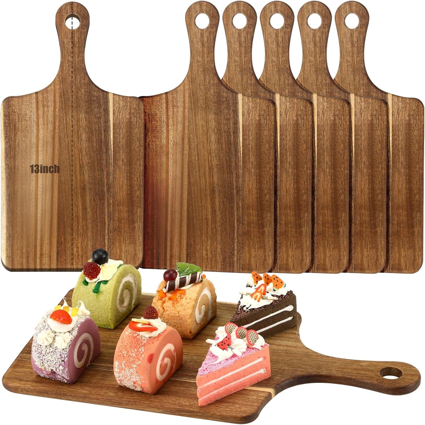 6 Pcs Cutting Board Bulk Kitchen Thicken Chopping Platter with Handles Wooden Charcuterie Serving Trays Blank Wood Boards for Engraving Wedding Housewarming(Acacia Wood,11 x 5 Inch)