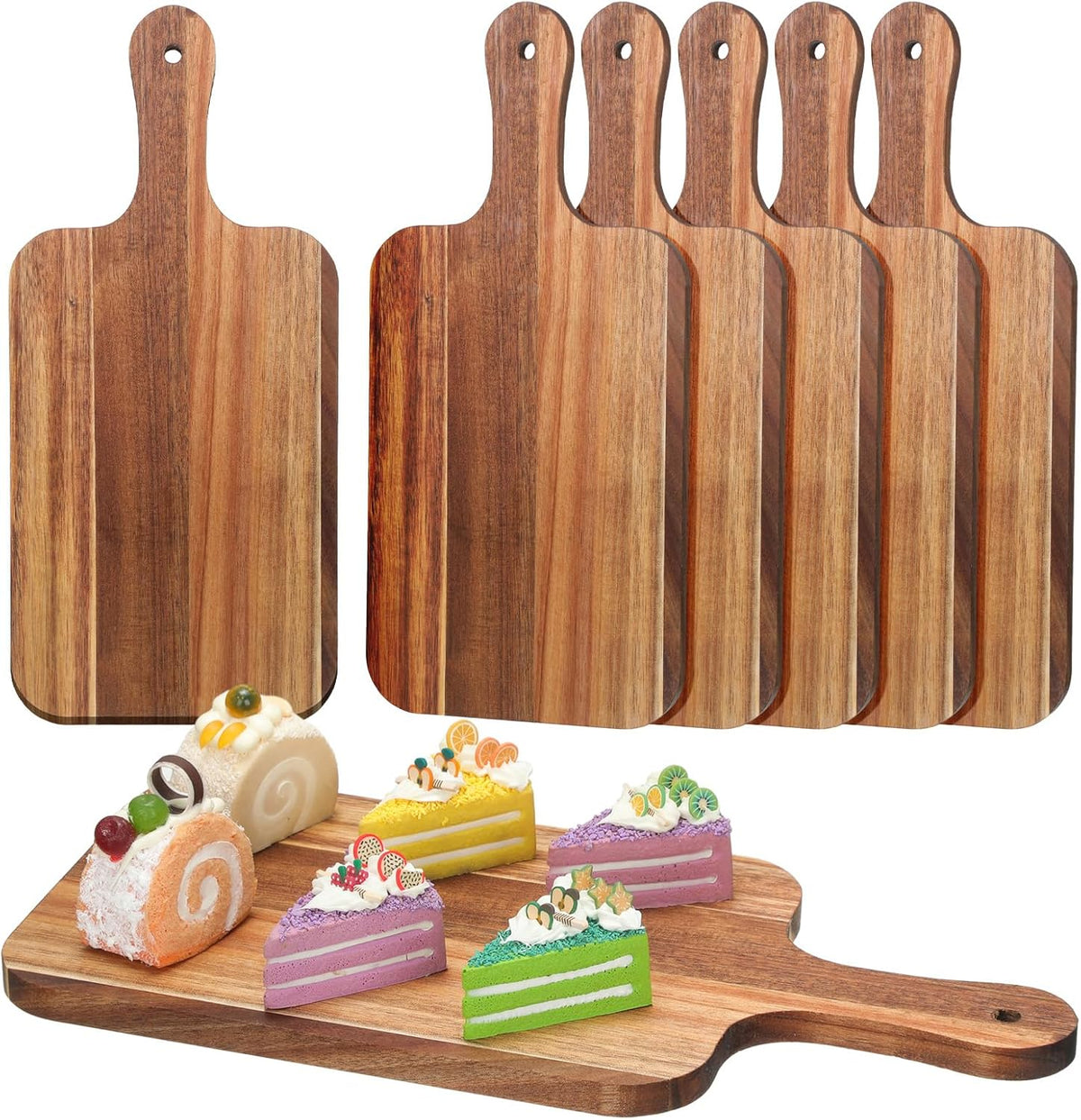 6 Pcs Cutting Board Bulk Kitchen Thicken Chopping Platter with Handles Wooden Charcuterie Serving Trays Blank Wood Boards for Engraving Wedding Housewarming(Acacia Wood,11 x 5 Inch)