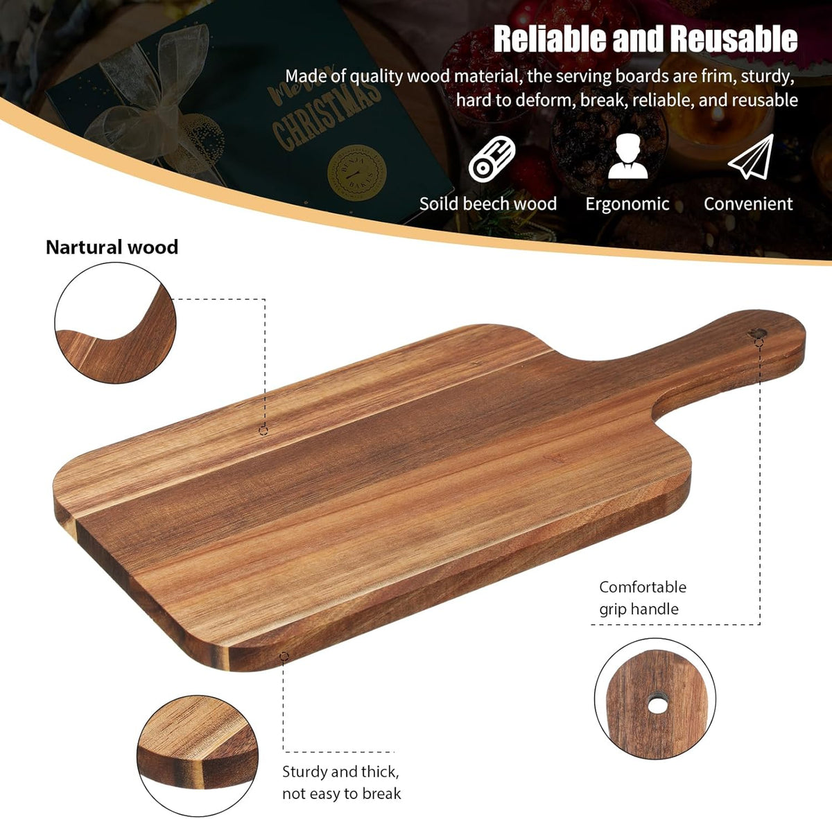 6 Pcs Cutting Board Bulk Kitchen Thicken Chopping Platter with Handles Wooden Charcuterie Serving Trays Blank Wood Boards for Engraving Wedding Housewarming(Acacia Wood,11 x 5 Inch)
