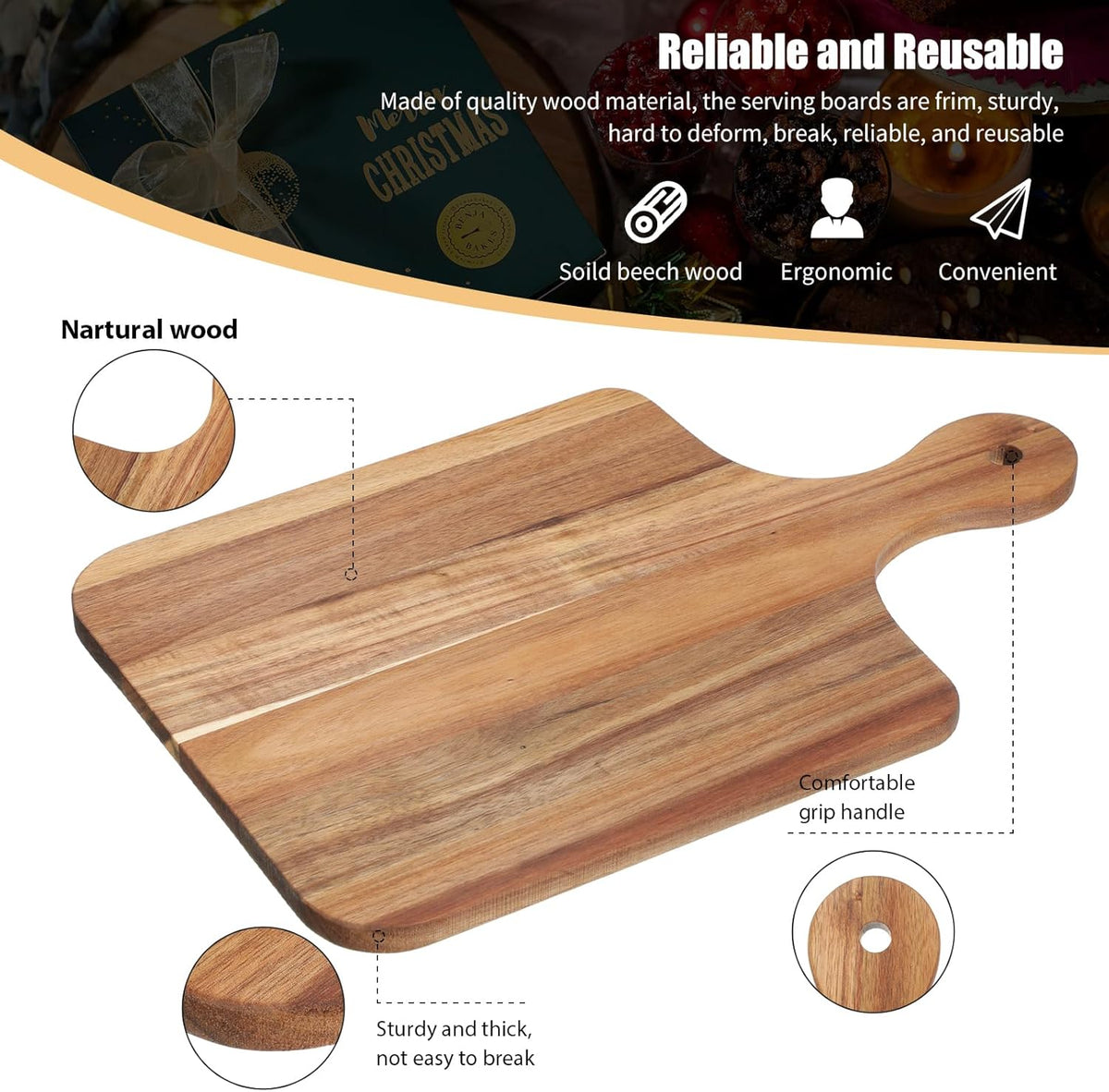 6 Pcs Cutting Board Bulk Kitchen Thicken Chopping Platter with Handles Wooden Charcuterie Serving Trays Blank Wood Boards for Engraving Wedding Housewarming(Acacia Wood,11 x 5 Inch)