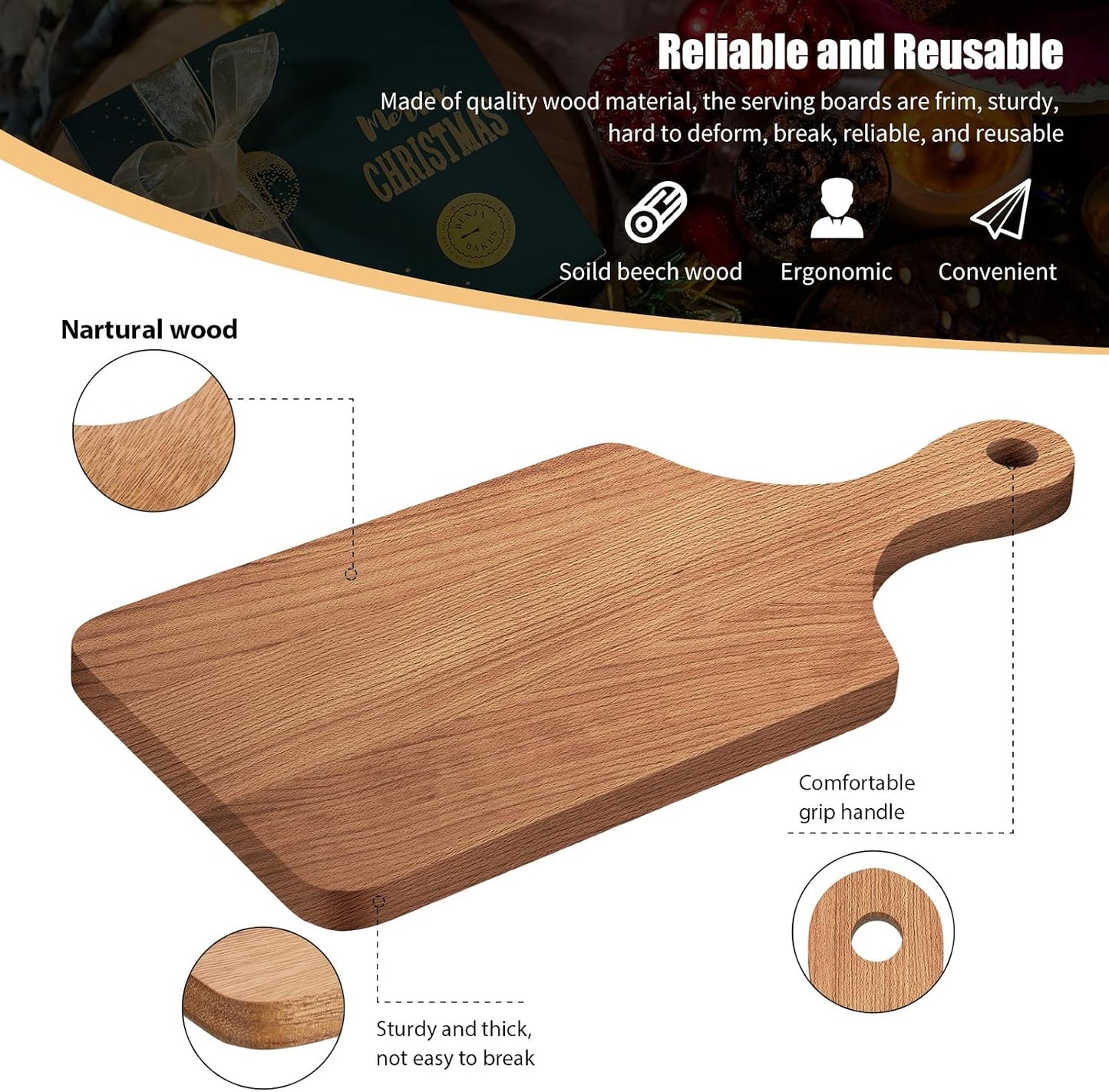 6 Pcs Cutting Board Bulk Kitchen Thicken Chopping Platter with Handles Wooden Charcuterie Serving Trays Blank Wood Boards for Engraving Wedding Housewarming(Acacia Wood,11 x 5 Inch)