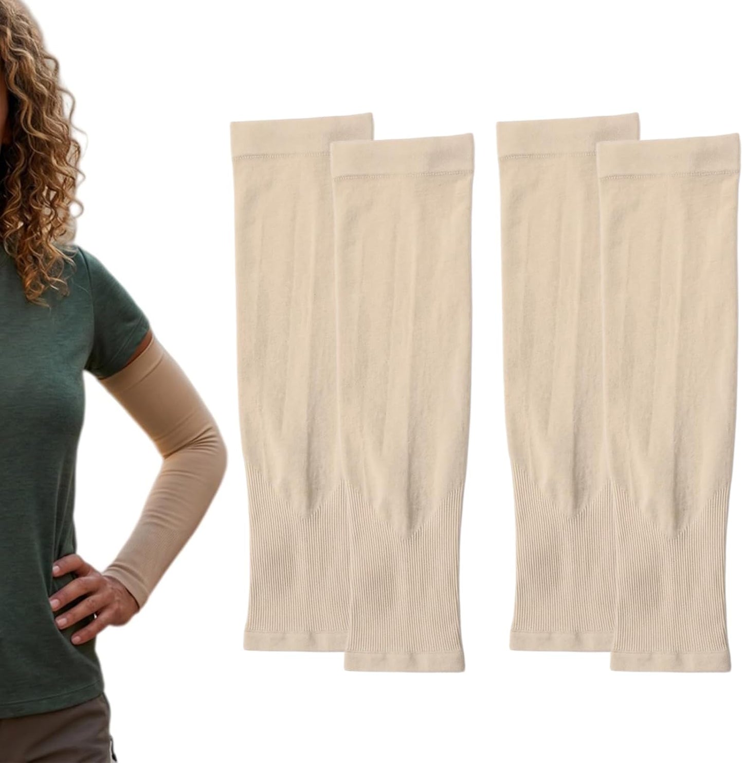 2 Pairs UV Sun Protection Arm Sleeves for Men & Women, Cooling Compression Tattoo Cover Up Sleeves for Sports & Daily Wear (Nude)