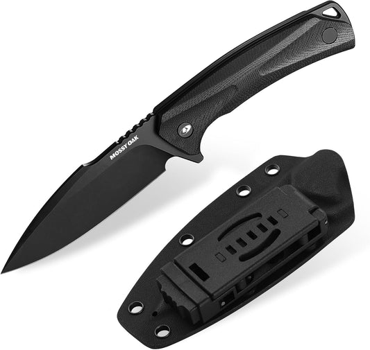 Mossy Oak 8 Inch Fixed Blade Knife with Kydex Sheath | D2 Steel Full Tang Outdoor Camping Knife, G10 Handle for Bushcraft, Survival, Camping, Hiking (Black)