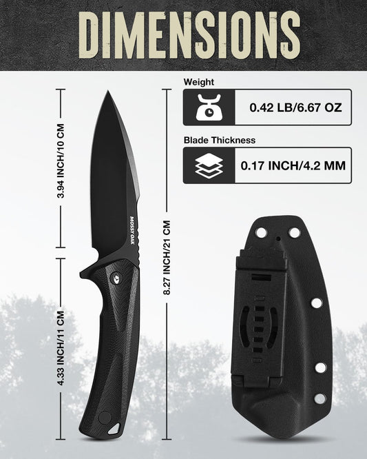 Mossy Oak 8 Inch Fixed Blade Knife with Kydex Sheath | D2 Steel Full Tang Outdoor Camping Knife, G10 Handle for Bushcraft, Survival, Camping, Hiking (Black)