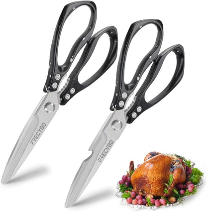 All Purpose Heavy Duty Shears, 2-Pack Kitchen Scissors for Food, Metal Handle Stainless Steel Cooking Scissors for Kitchen, Chicken, Fish, Meat, Poultry, Herbs (Silver)