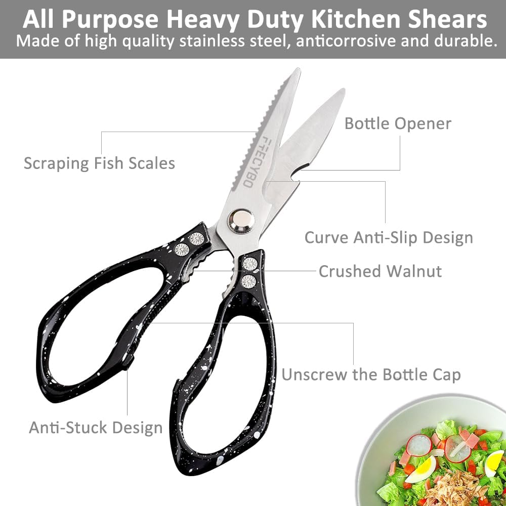 All Purpose Heavy Duty Shears, 2-Pack Kitchen Scissors for Food, Metal Handle Stainless Steel Cooking Scissors for Kitchen, Chicken, Fish, Meat, Poultry, Herbs (Silver)