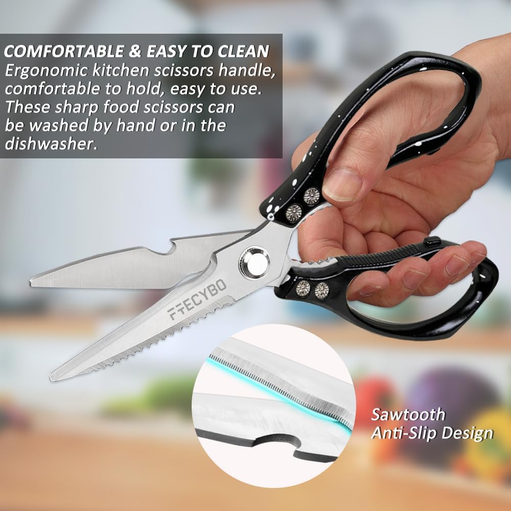 All Purpose Heavy Duty Shears, 2-Pack Kitchen Scissors for Food, Metal Handle Stainless Steel Cooking Scissors for Kitchen, Chicken, Fish, Meat, Poultry, Herbs (Silver)