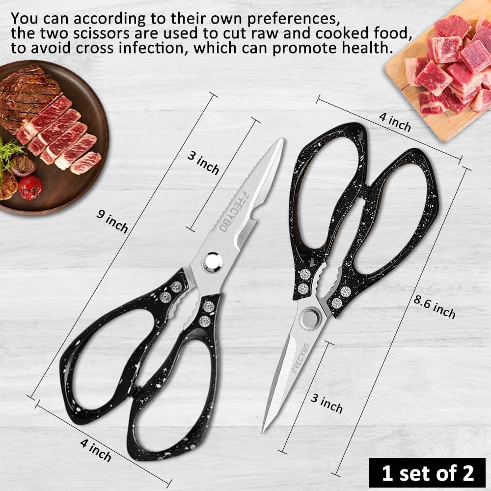 All Purpose Heavy Duty Shears, 2-Pack Kitchen Scissors for Food, Metal Handle Stainless Steel Cooking Scissors for Kitchen, Chicken, Fish, Meat, Poultry, Herbs (Silver)