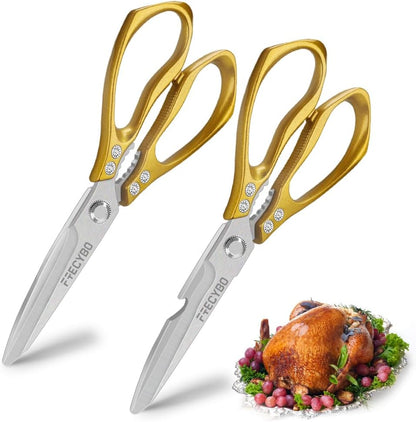 All Purpose Heavy Duty Shears, 2-Pack Kitchen Scissors for Food, Metal Handle Stainless Steel Cooking Scissors for Kitchen, Chicken, Fish, Meat, Poultry, Herbs (Silver)