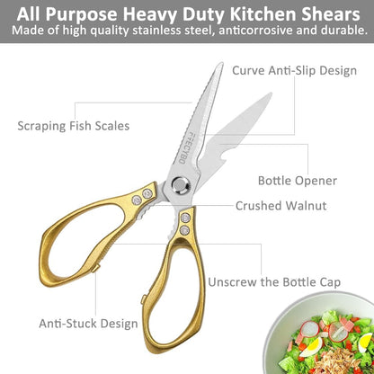 All Purpose Heavy Duty Shears, 2-Pack Kitchen Scissors for Food, Metal Handle Stainless Steel Cooking Scissors for Kitchen, Chicken, Fish, Meat, Poultry, Herbs (Silver)