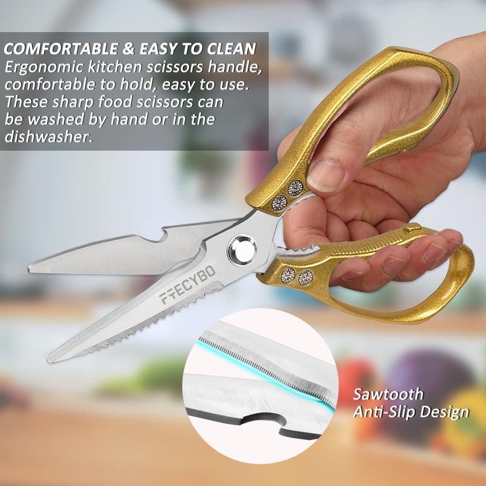 All Purpose Heavy Duty Shears, 2-Pack Kitchen Scissors for Food, Metal Handle Stainless Steel Cooking Scissors for Kitchen, Chicken, Fish, Meat, Poultry, Herbs (Silver)