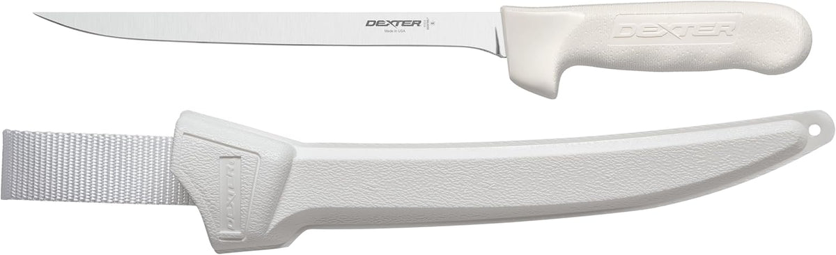 S133-7WS1-CP Sani-Safe 7" Narrow Fillet Knife with Sheath | Stainless high-carbon steel blade with textured slip-resistant grip and sheath. Ideal for filleting fish.