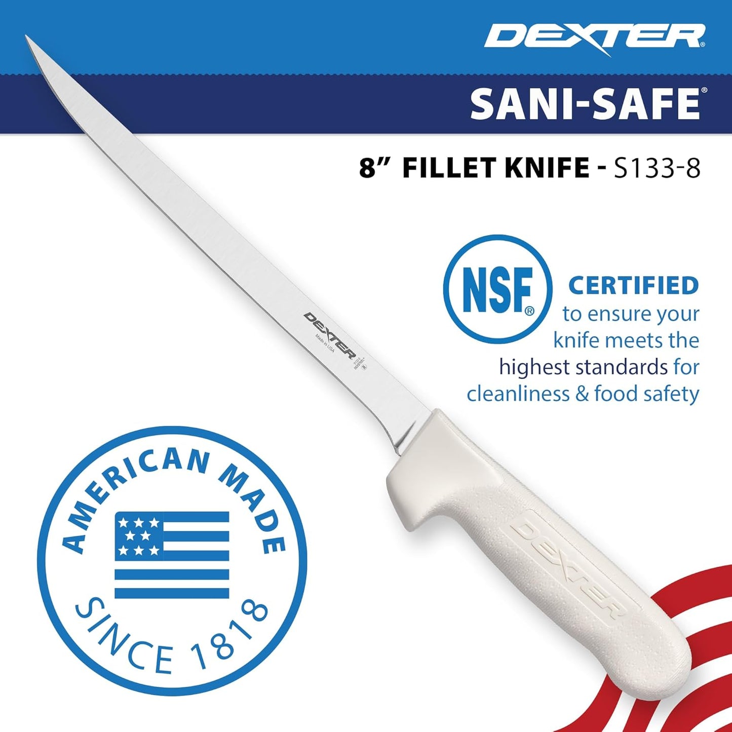 S133-7WS1-CP Sani-Safe 7" Narrow Fillet Knife with Sheath | Stainless high-carbon steel blade with textured slip-resistant grip and sheath. Ideal for filleting fish.