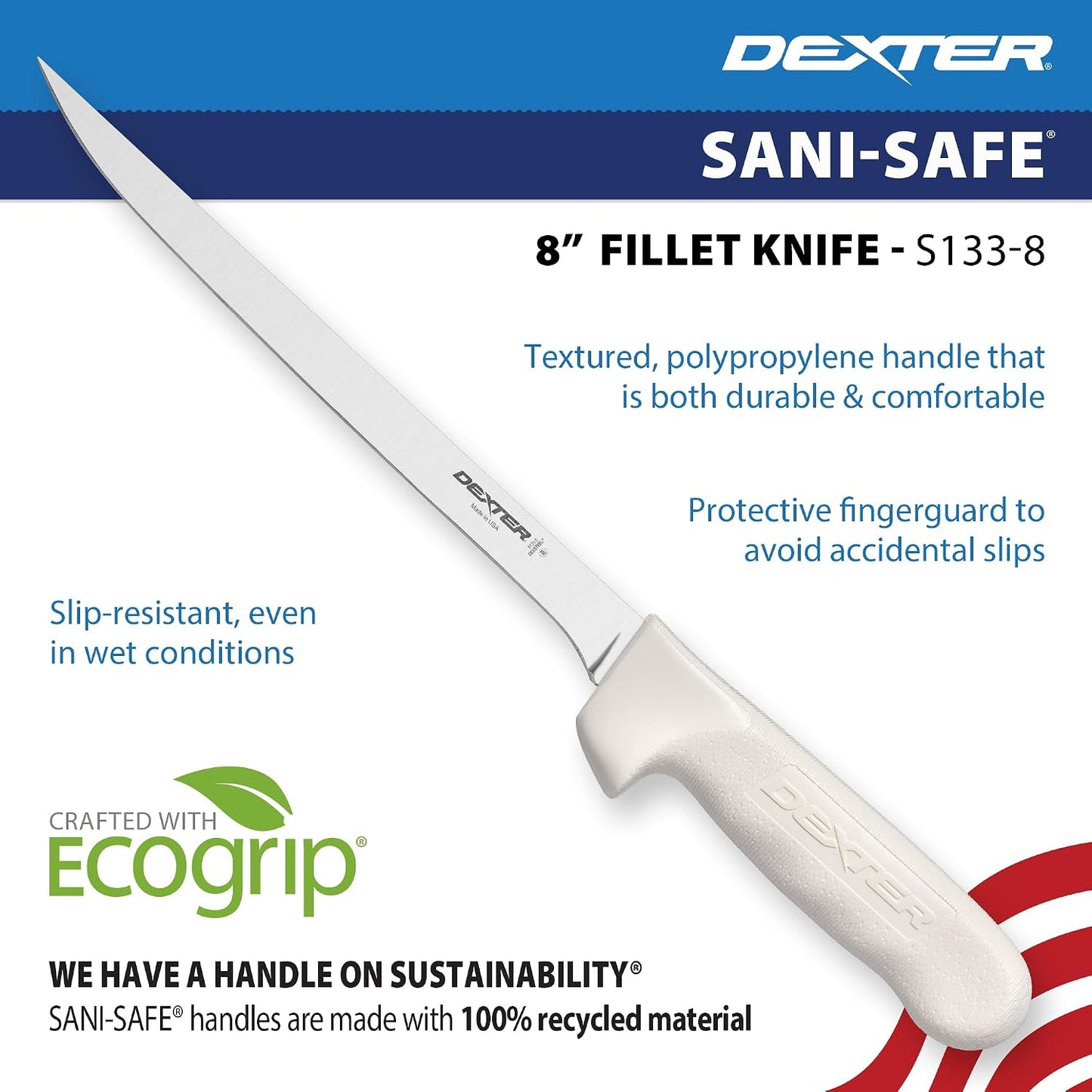 S133-7WS1-CP Sani-Safe 7" Narrow Fillet Knife with Sheath | Stainless high-carbon steel blade with textured slip-resistant grip and sheath. Ideal for filleting fish.