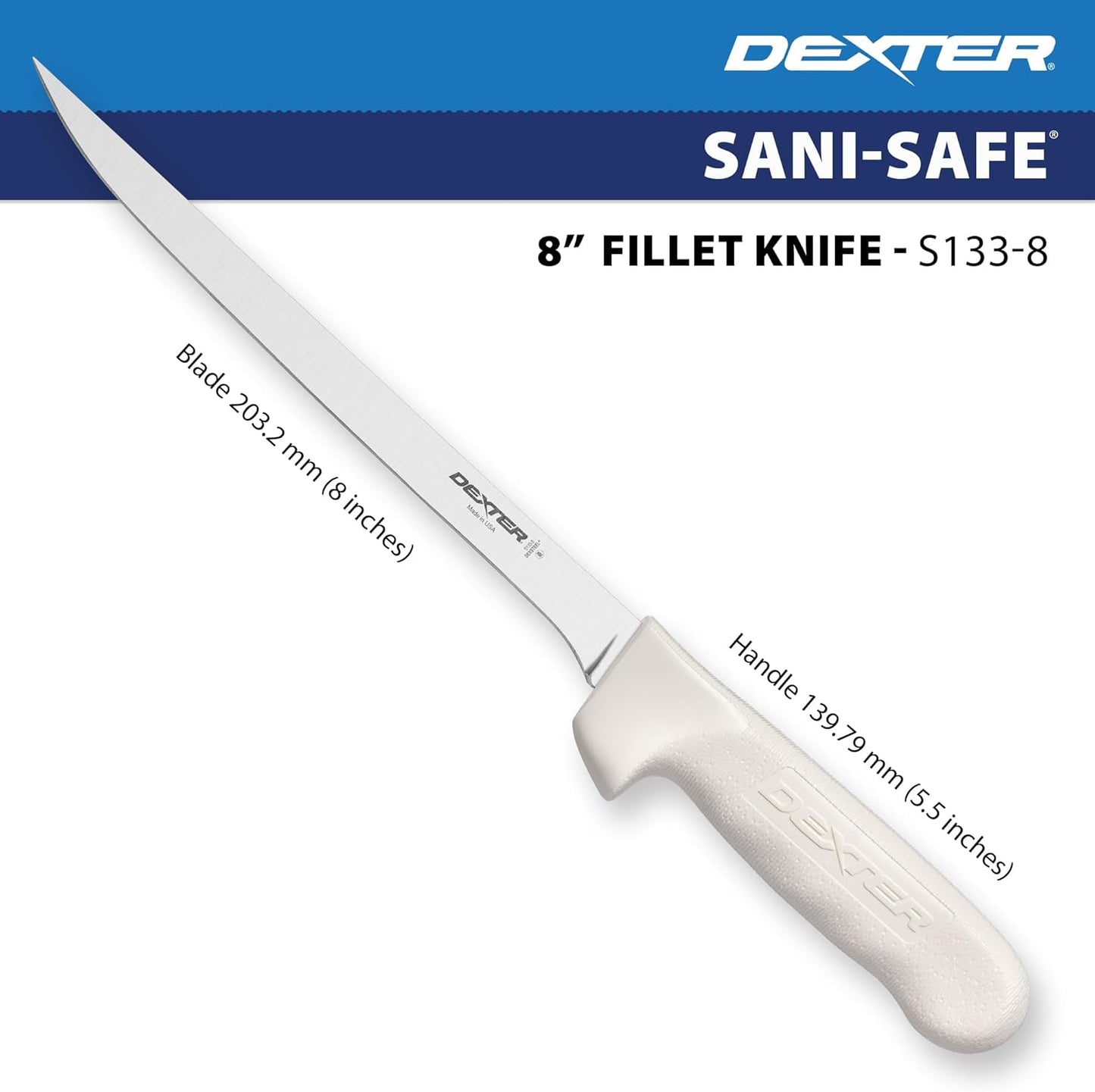 S133-7WS1-CP Sani-Safe 7" Narrow Fillet Knife with Sheath | Stainless high-carbon steel blade with textured slip-resistant grip and sheath. Ideal for filleting fish.
