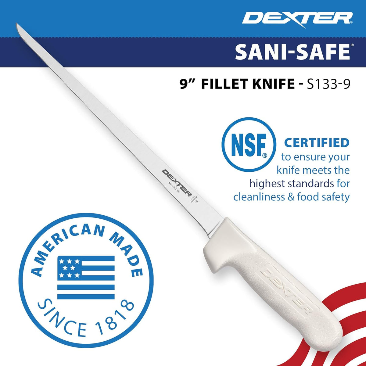 S133-7WS1-CP Sani-Safe 7" Narrow Fillet Knife with Sheath | Stainless high-carbon steel blade with textured slip-resistant grip and sheath. Ideal for filleting fish.