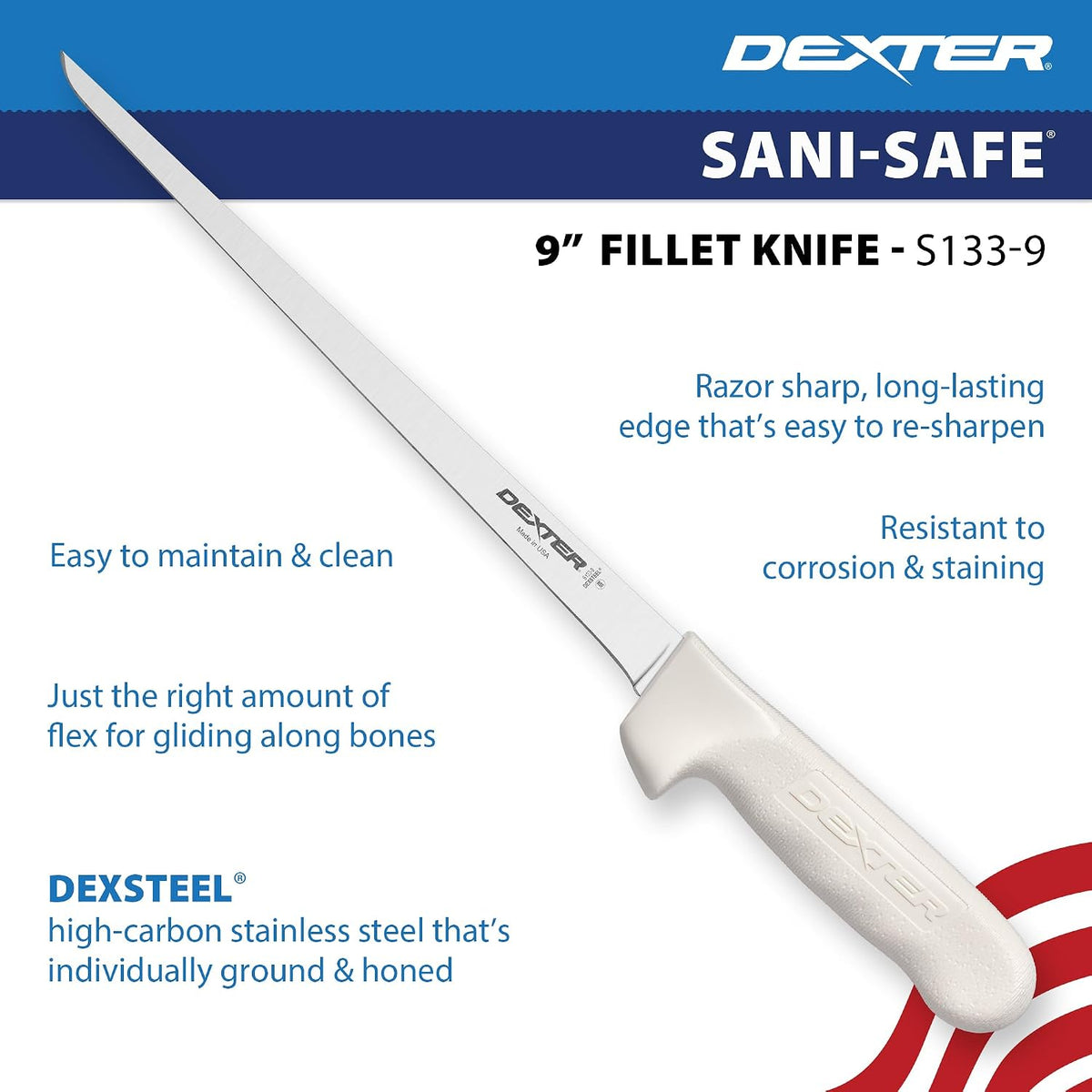 S133-7WS1-CP Sani-Safe 7" Narrow Fillet Knife with Sheath | Stainless high-carbon steel blade with textured slip-resistant grip and sheath. Ideal for filleting fish.