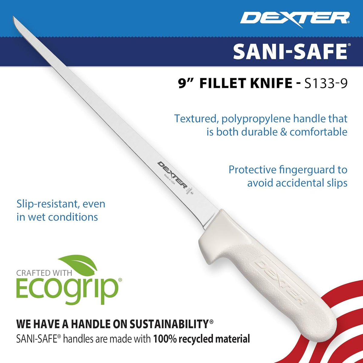 S133-7WS1-CP Sani-Safe 7" Narrow Fillet Knife with Sheath | Stainless high-carbon steel blade with textured slip-resistant grip and sheath. Ideal for filleting fish.