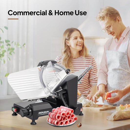 8.7inch Commercial Meat Slicer, 300W Electric Deli Food Slicer with Premium Chromium-plated Steel Blade, 0-12 mm Adjustable Thickness, ETL Certified for Frozen Meat Ham Baguett Steak, Black
