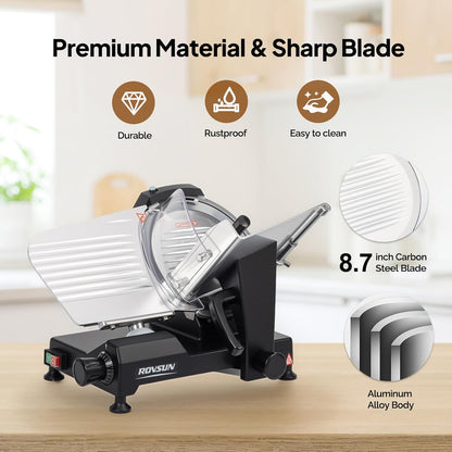8.7inch Commercial Meat Slicer, 300W Electric Deli Food Slicer with Premium Chromium-plated Steel Blade, 0-12 mm Adjustable Thickness, ETL Certified for Frozen Meat Ham Baguett Steak, Black