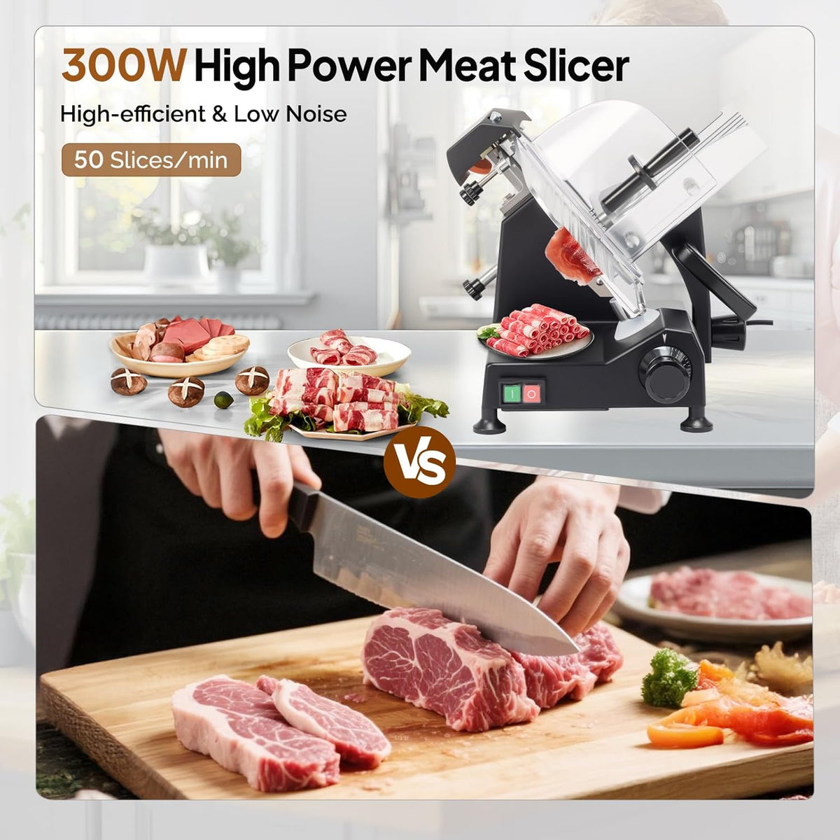 8.7inch Commercial Meat Slicer, 300W Electric Deli Food Slicer with Premium Chromium-plated Steel Blade, 0-12 mm Adjustable Thickness, ETL Certified for Frozen Meat Ham Baguett Steak, Black