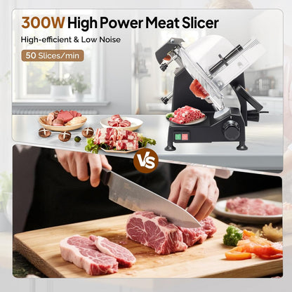 8.7inch Commercial Meat Slicer, 300W Electric Deli Food Slicer with Premium Chromium-plated Steel Blade, 0-12 mm Adjustable Thickness, ETL Certified for Frozen Meat Ham Baguett Steak, Black