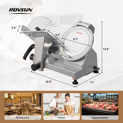 8.7inch Commercial Meat Slicer, 300W Electric Deli Food Slicer with Premium Chromium-plated Steel Blade, 0-12 mm Adjustable Thickness, ETL Certified for Frozen Meat Ham Baguett Steak, Black