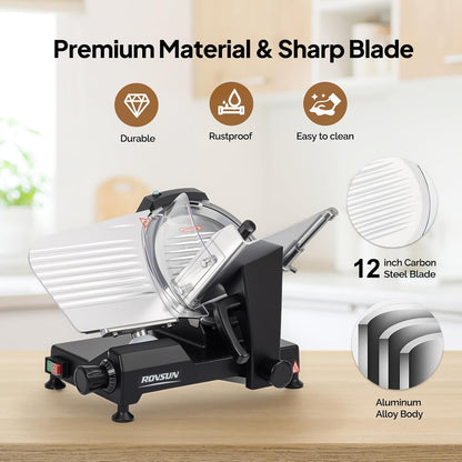 8.7inch Commercial Meat Slicer, 300W Electric Deli Food Slicer with Premium Chromium-plated Steel Blade, 0-12 mm Adjustable Thickness, ETL Certified for Frozen Meat Ham Baguett Steak, Black