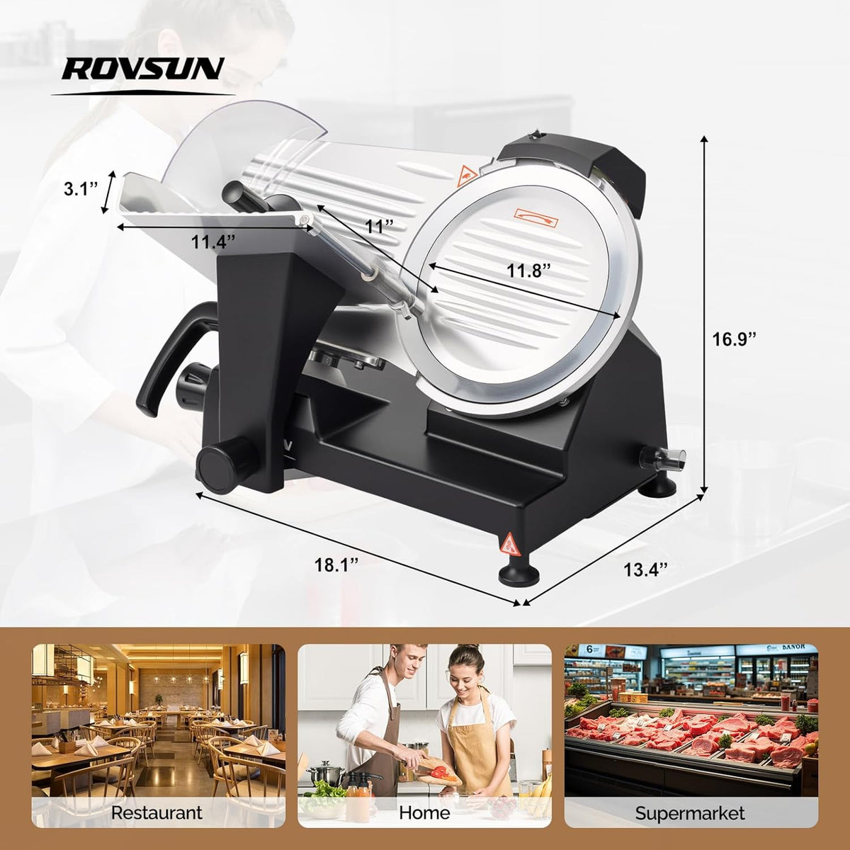 8.7inch Commercial Meat Slicer, 300W Electric Deli Food Slicer with Premium Chromium-plated Steel Blade, 0-12 mm Adjustable Thickness, ETL Certified for Frozen Meat Ham Baguett Steak, Black