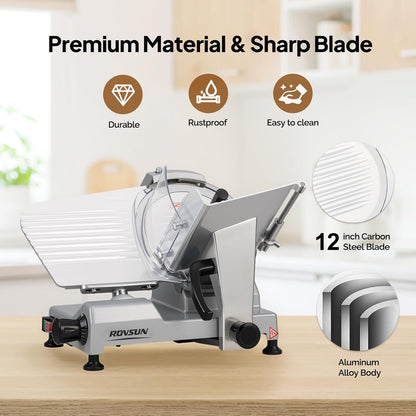 8.7inch Commercial Meat Slicer, 300W Electric Deli Food Slicer with Premium Chromium-plated Steel Blade, 0-12 mm Adjustable Thickness, ETL Certified for Frozen Meat Ham Baguett Steak, Black