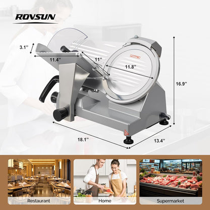 8.7inch Commercial Meat Slicer, 300W Electric Deli Food Slicer with Premium Chromium-plated Steel Blade, 0-12 mm Adjustable Thickness, ETL Certified for Frozen Meat Ham Baguett Steak, Black