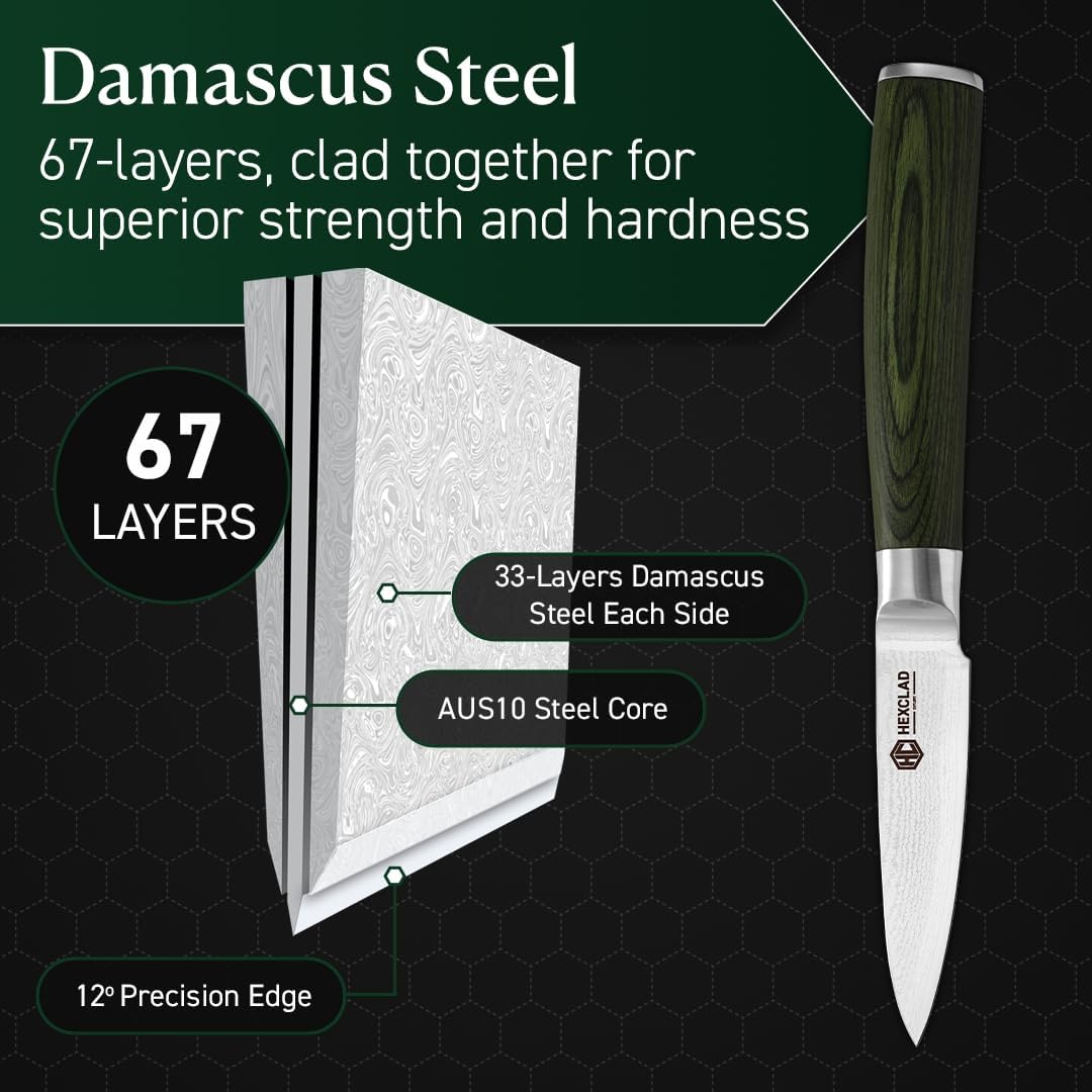 3.5 Inch Japanese Damascus Stainless Steel Pairing Knife, Full Tang Construction, Pakkawood Handle